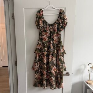 Trixxi Floral Tiered Midi Dress - Green and Pink